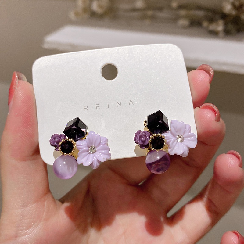 OIMG  Bông Tai Mạ Bạc 925 Hình Hoa Đính Đá Opal Màu Tím Cho Nữ