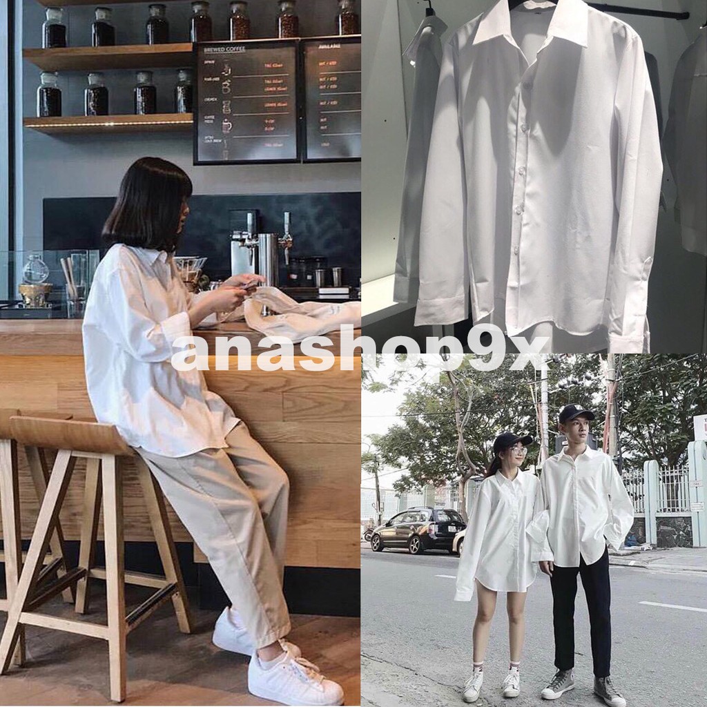 Áo sơ mi túi ngực form rộng Unisex/ Áo sơ mi trắng nam nữ dài tay học sinh anashop9x