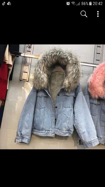 Áo khoác jeans lót lông mũ lông