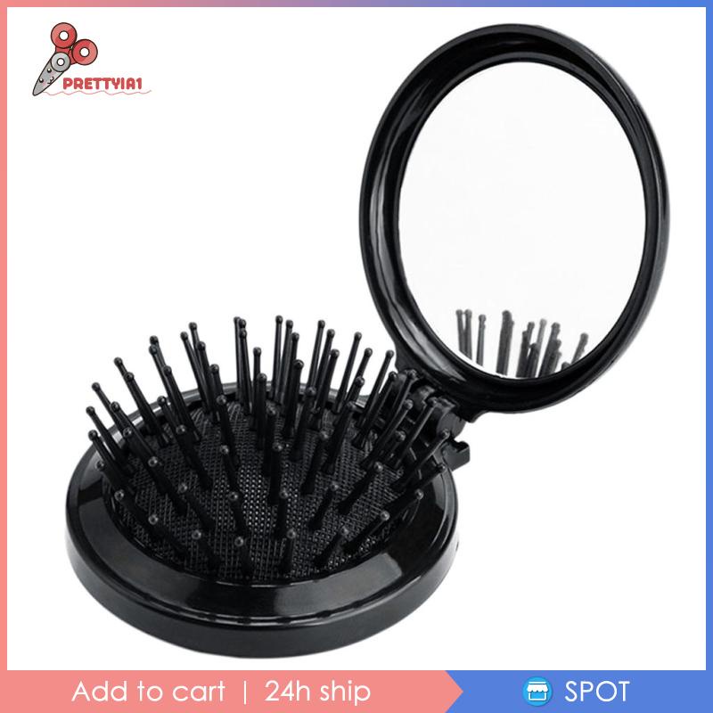 Lược Chải Tóc Kèm Gương Tròn Màu Đen Chống Tĩnh Điện Prettyia1