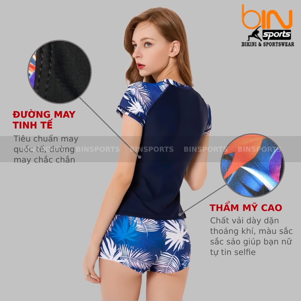 Bộ Bơi Nữ 2 Mảnh Quần Đùi Cạp Cao Aó Phủ Bụng Cọc Tay Bin Sports BHV092