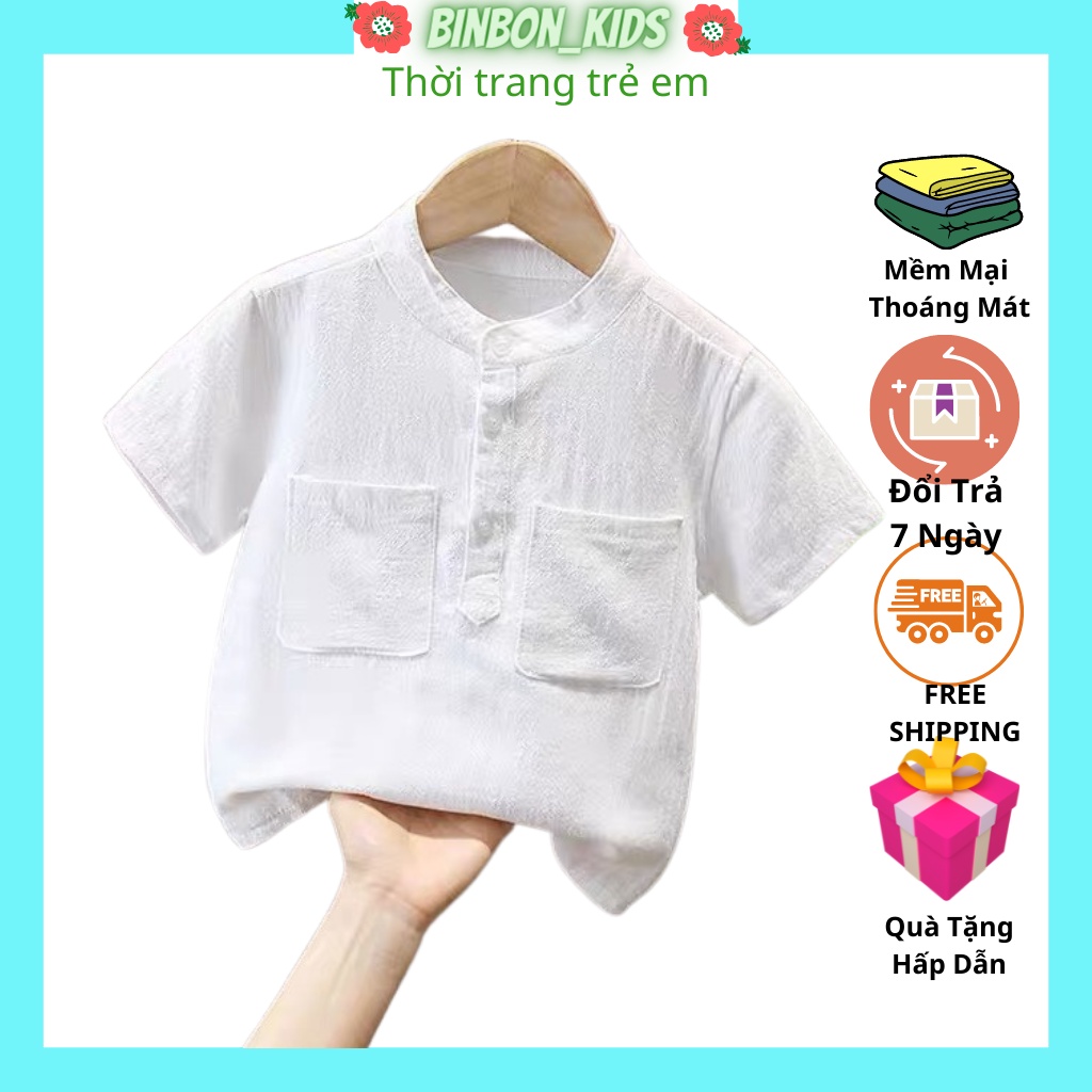 Áo sơ mi bé trai , Áo cộc tay bé trai chất đũi xước cao cấp cổ trụ 2 túi cực mát cho bé từ 8-28kg ASM01 BINBON KIDS