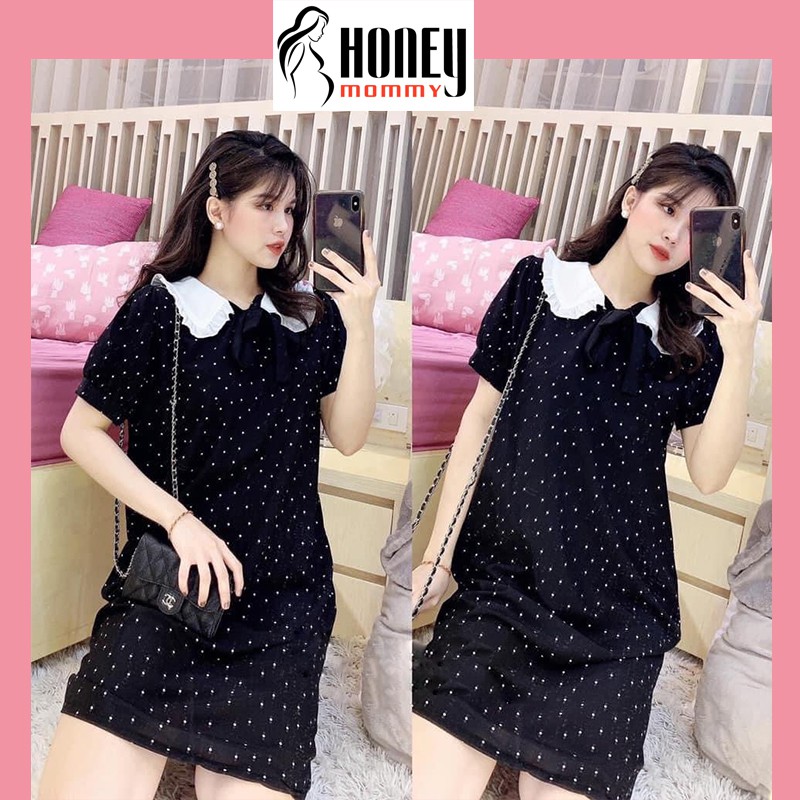 Váy Bầu Đầm Bầu Mùa Hè Chấm Bi Cổ Sen Có Thắt Nơ Đầm Bầu Công Sở HD2811 Honey Mommy