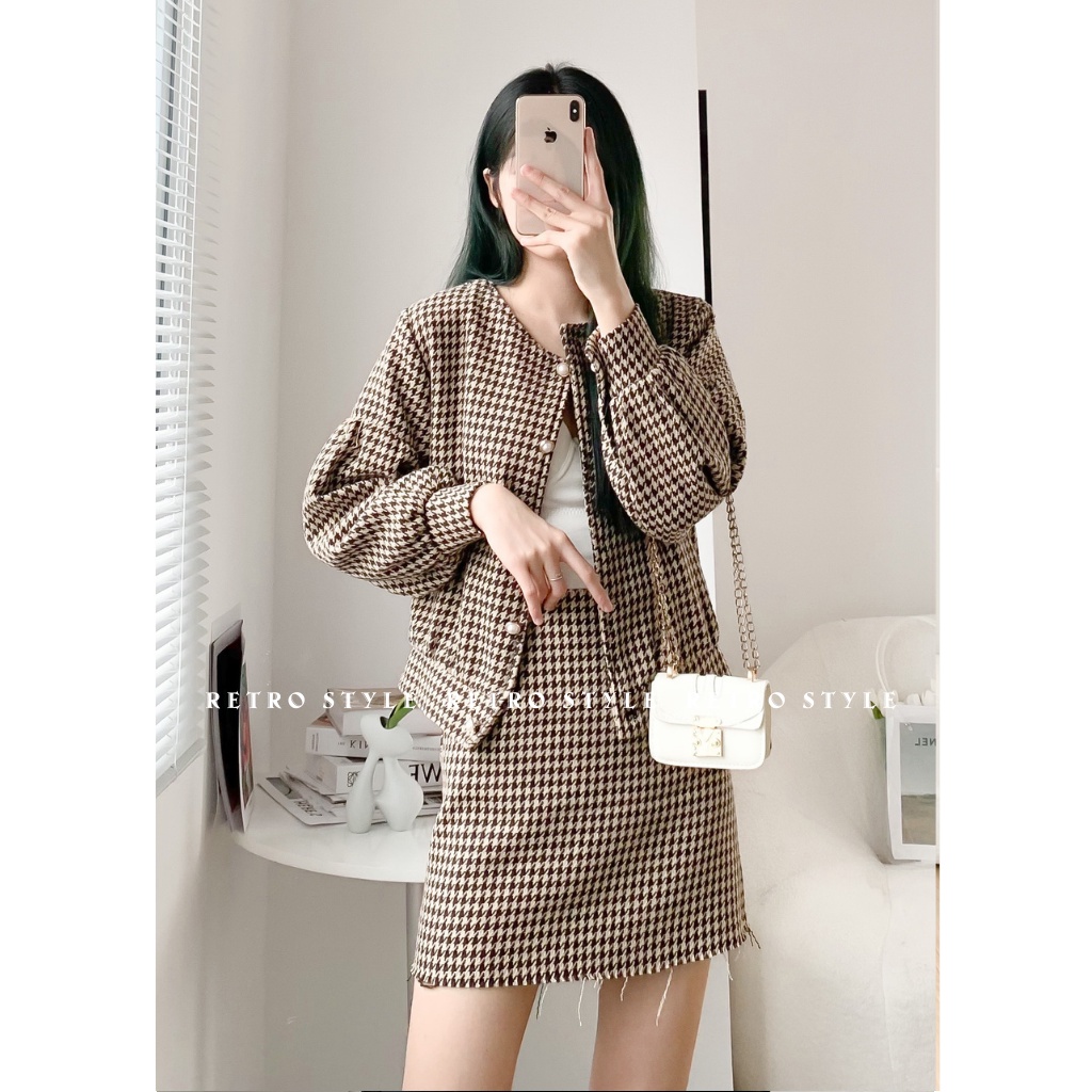 Set áo dạ cài cúc tay bồng kèm chân váy SUÔNG hoạ tiết răng cưa mã 6062