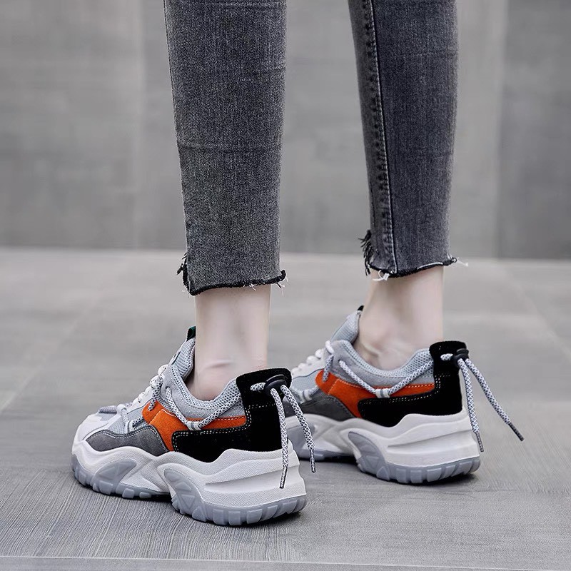 Giày thể thao nữ Zhixun - giày sneaker nữ có 2 phối màu trắng xám &amp; trắng cam chất da phối lưới độn đế cao đẹp giá rẻ