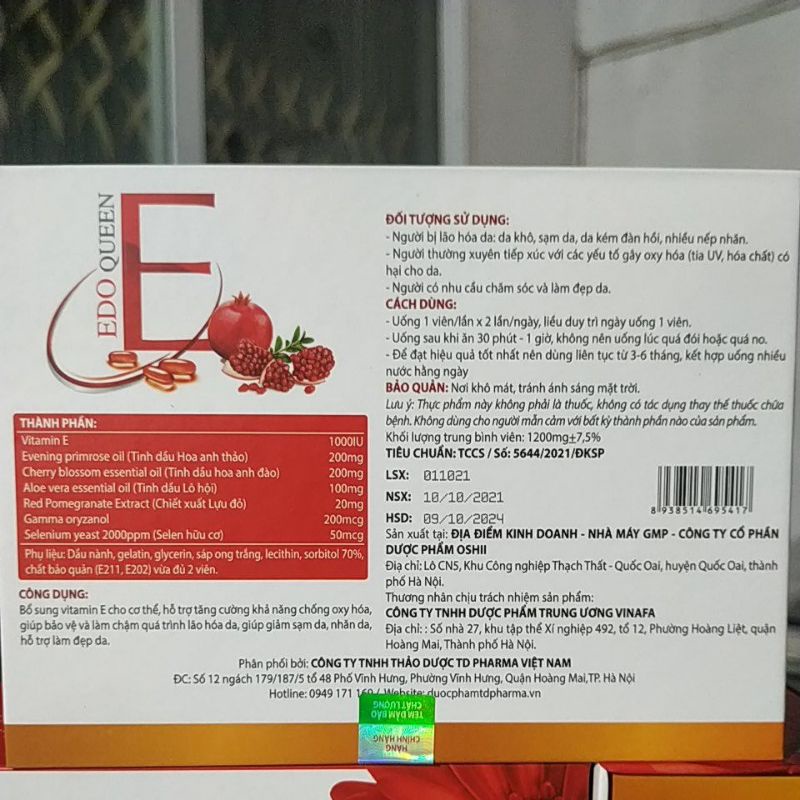 Viên uống vitamin Edo Queen E lựu đỏ đẹp da - điều hoà nội tiết