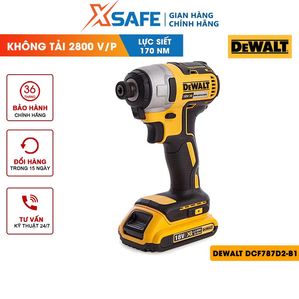 Máy siết vít dùng pin DEWALT DCF787D2-B1 Máy vặn vít động lực kèm 2 pin Li-Ion 18V, tốc độ không tải 2,800 vòng/phút