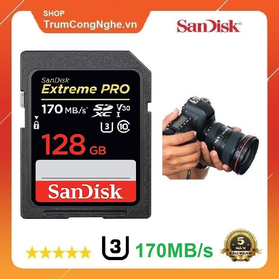 [Mã 99ELHA giảm 7% đơn 300K] Thẻ Nhớ Máy Ảnh SDXC SanDisk Extreme Pro U3 V30 128GB 170Mb/s - Tốc độ siêu cao