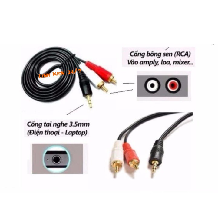 Dây Cáp 1 Đầu Đực 3.5mm Ra 2 Đầu RCA Hoa Sen Đực