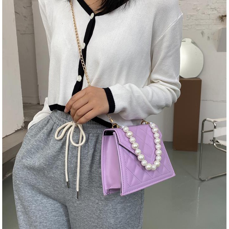 🔥 FREESHIP EXTRA 🔥 Túi xách da PU ❤️BÁN LỖ❤️ Màu trơn phối chuỗi ngọc trai nhân tạo phong cách retro cho nữ DC0011