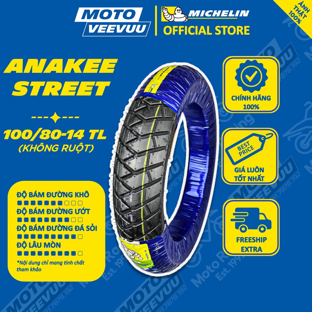 Vỏ lốp xe máy MICHELIN 100/80-14 TL Anakee Street (Lốp không ruột)