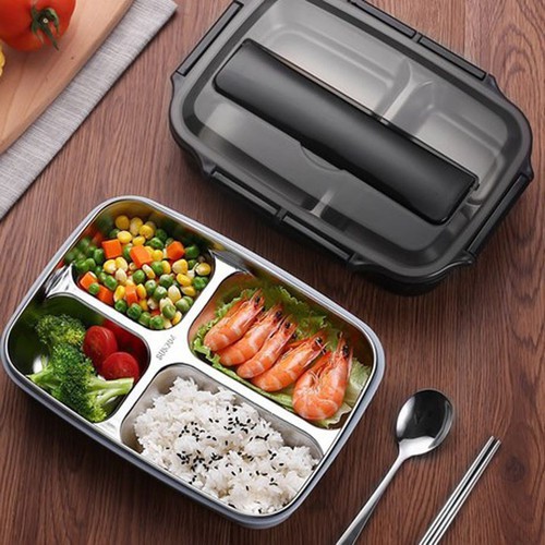 Hộp đựng cơm văn phòng Inox 4 ngăn bọc nhựa, chịu Nhiệt Lò Vi Sóng Tặng kèm đũa thìa Inox