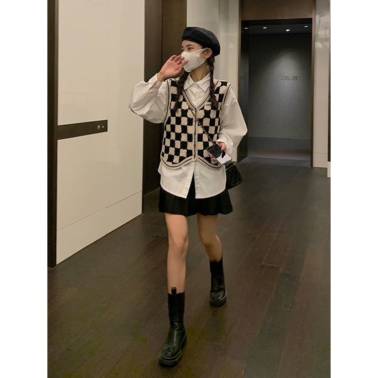 Áo Gile Thiết kế nữ Kiểu dáng Cardigan Kẻ sọc caro Gile nữ Cổ tim Thu Đông cá tính Thời trang | BigBuy360 - bigbuy360.vn