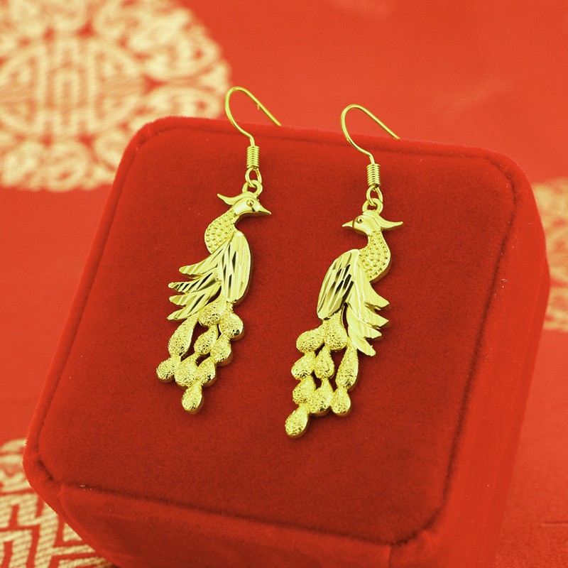 Bông tai nữ  mạ 24k dáng dài kiểu đôi chim công -T1