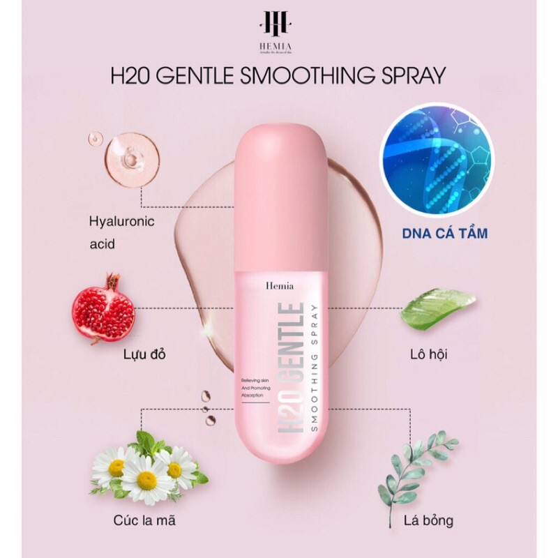 Xịt Khoáng 2IN1 Hemia - Xịt Khoáng DNA Cá Tầm H2O Gentle Cấp Ẩm Giúp Da Căng Bóng Bảo Vệ Lớp Trang Điểm