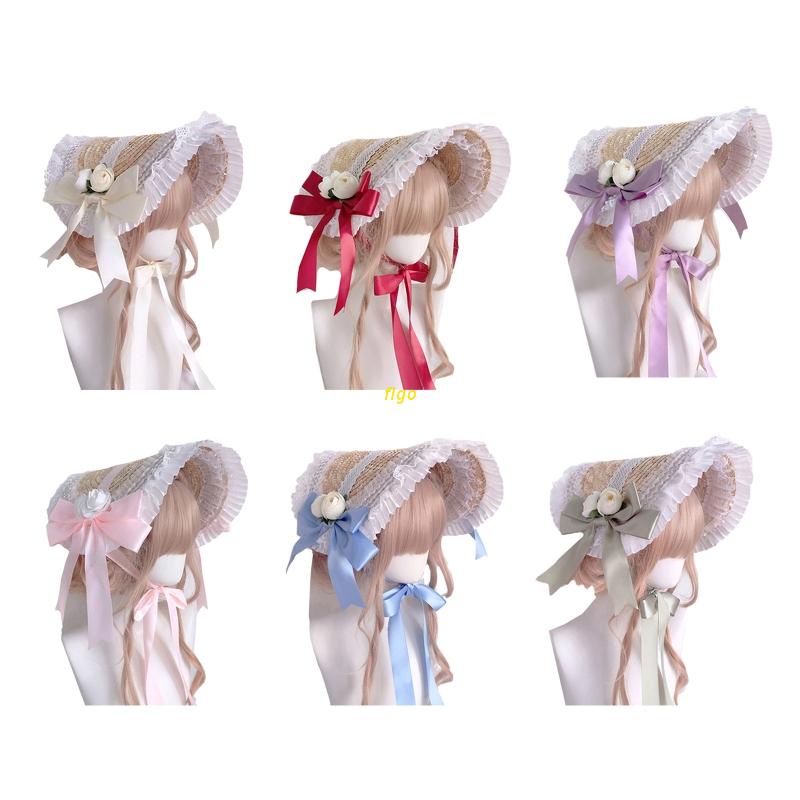 Mũ Cói Phối Dây Ruy Băng Ren Hoa Phong Cách Lolita Thanh Lịch