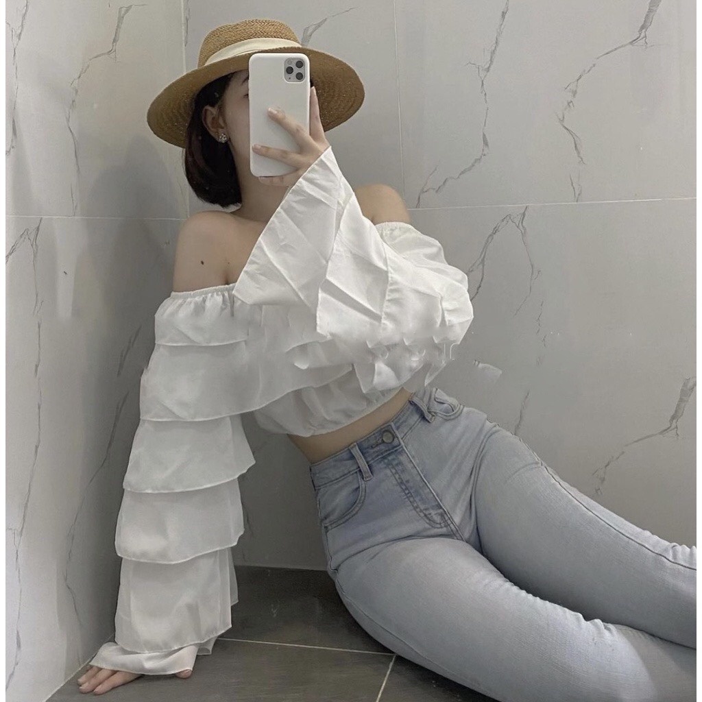 Áo Croptop Trễ Vai RANSHI Áo Bánh Bèo Hở Vai Ống Tay Dạng Loe Thiết Kế Mới Lạ Siêu Xinh Xắn Hấp Dẫn - RA060