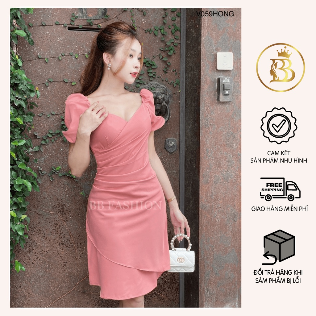 Váy chéo ngực xếp ly eo tôn dáng, Đầm nữ thiết kế dáng mini chất chéo hàn cao cấp đủ 3 màu hồng đen vàng V059