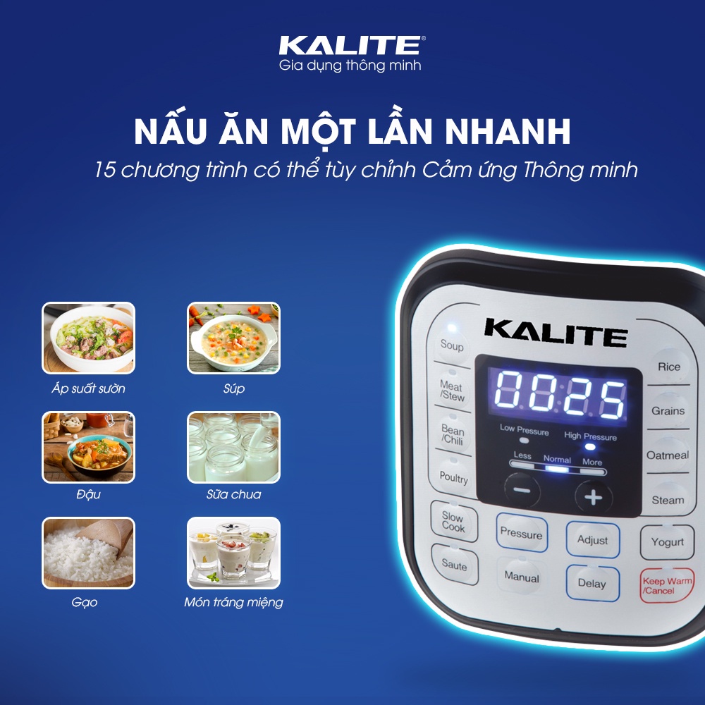 [Mã ELHADEV giảm 4% đơn 300K] Nồi áp suất điện đa năng Kalite KL636 dung tích 6L, 950W 10 chế độ nấu hầm đa năng