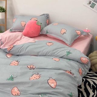 Bộ chăn ga gối poly cotton dâu tây hồng