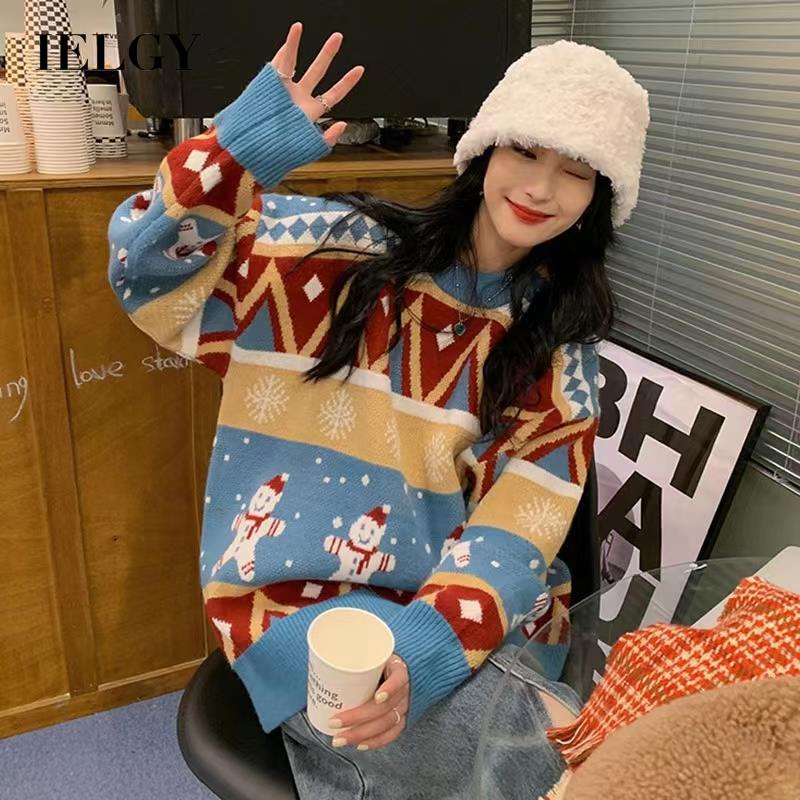IELGY Áo Sweater Nữ Cổ Tròn Dài Tay In Hình Người Tuyết Giáng Sinh