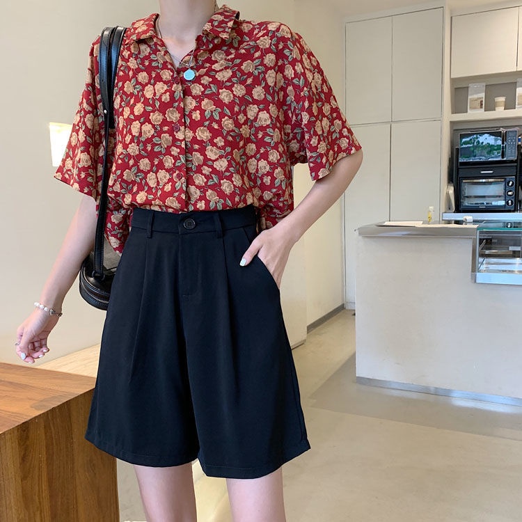 Quần Đùi Thời Trang Phong Cách Hàn Quốc 185266 Quần Short Ống Rộng Lưng Cao Màu Sắc Đơn Giản Cho Mùa Hè