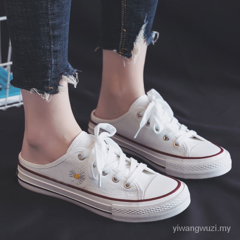 Giày Lười Vải Bạt Hở Gót Họa Tiết Hoa Cúc Phong Cách Hàn Quốc Thời Trang Mùa Hè Hàng Mới Dành Cho Bạn Nữ 2021