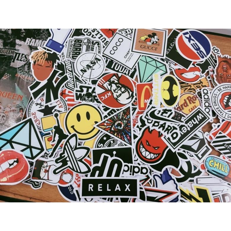 COMBO 100 sticker brand tổng hợp cá tính chống nước dán trang trí vali mũ bảo hiểm xe máy