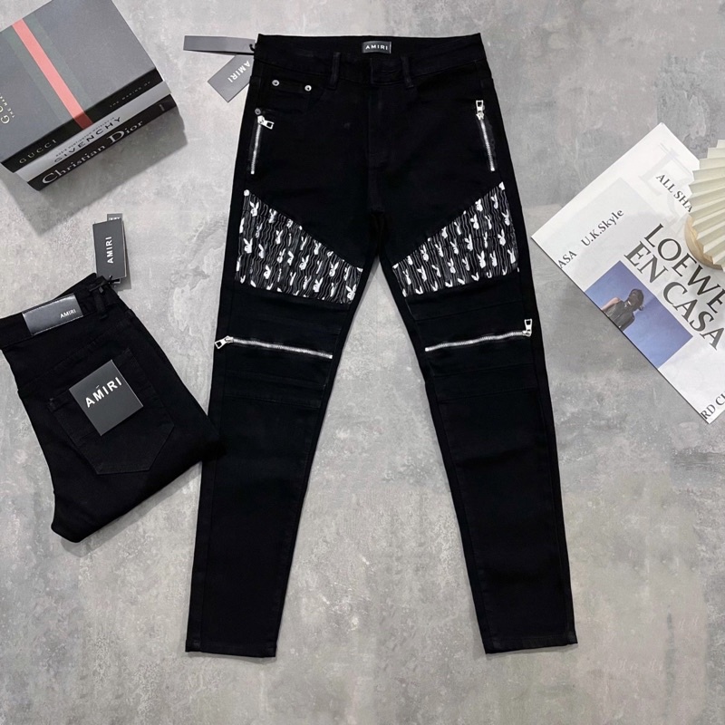 Quần jean Nam phối da nhăn thỏ Playboy thêu khoá zip đùi gối QJ93P