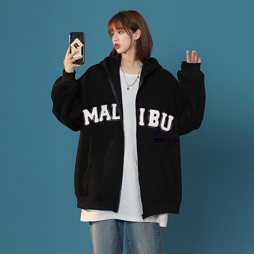 Áo Hoodie Zip Nỉ Ngoại Unisex MALIBU Nam Nữ Dáng Thụng In Chữ 2 Màu