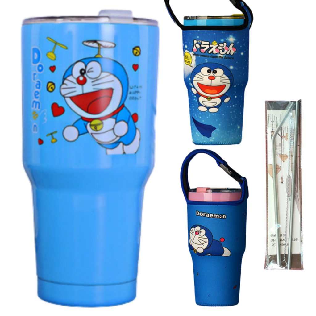 LY GIỮ NHIỆT DOREMON XANH 900ML (TÚI + 2 ỐNG HÚT + CỌ)