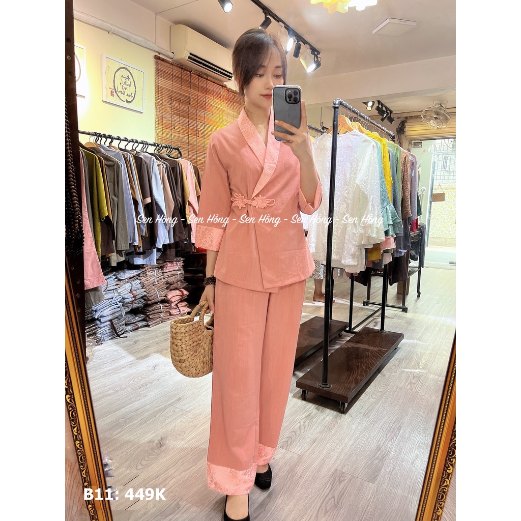 Bộ Phật tử đũi Nhật cái chéo Viền phối tơ tằm sang trọng - Đồ lam đi chùa thiết kế B11