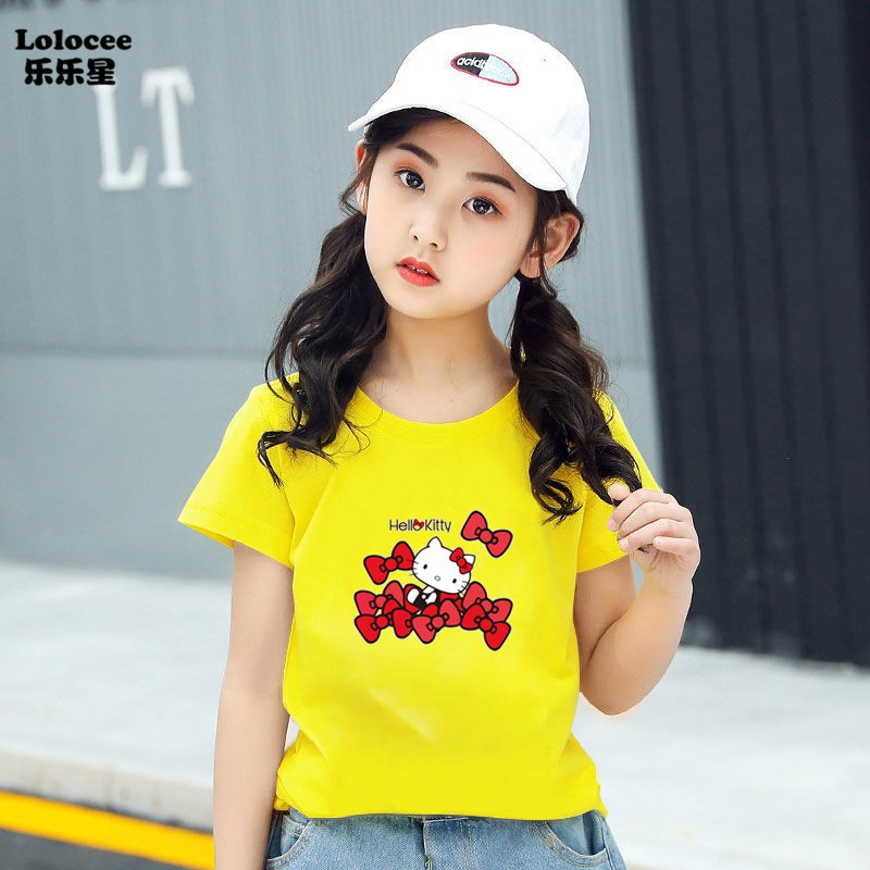 HELLO KITTY Áo Thun Tay Ngắn In Hình Mèo Dễ Thương Cho Bé Gái