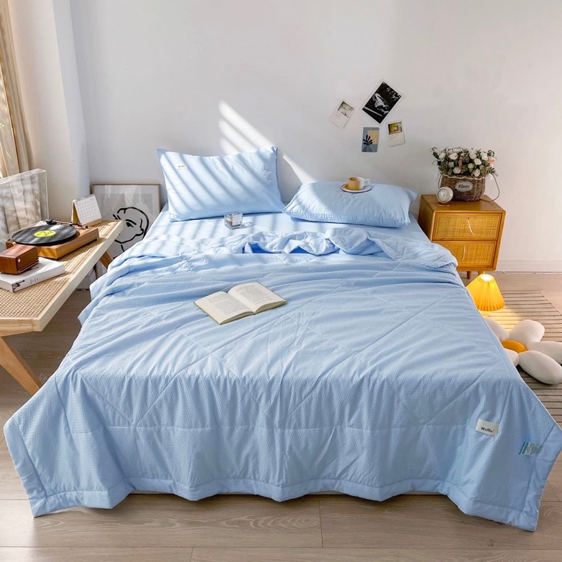 Bộ ga gối chăn trần đũi nhún mềm mại thoáng mát,sét 4 món chăn trần hè đũi nhập khẩu mềm mịn