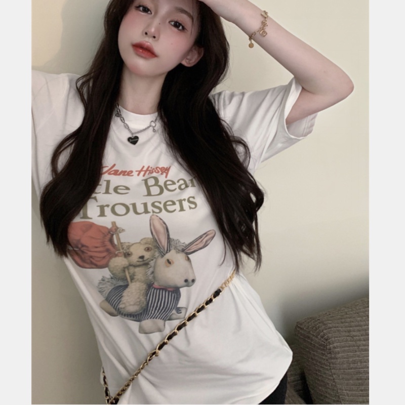 Áo Thun Tay Ngắn Cổ Tròn Dáng Rộng Vải Cotton In Hình Gấu Dễ Thương