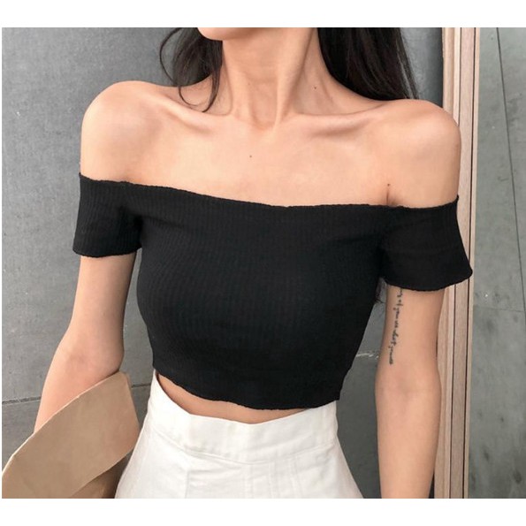 Ao croptop trễ vai tay ngắn thun gan