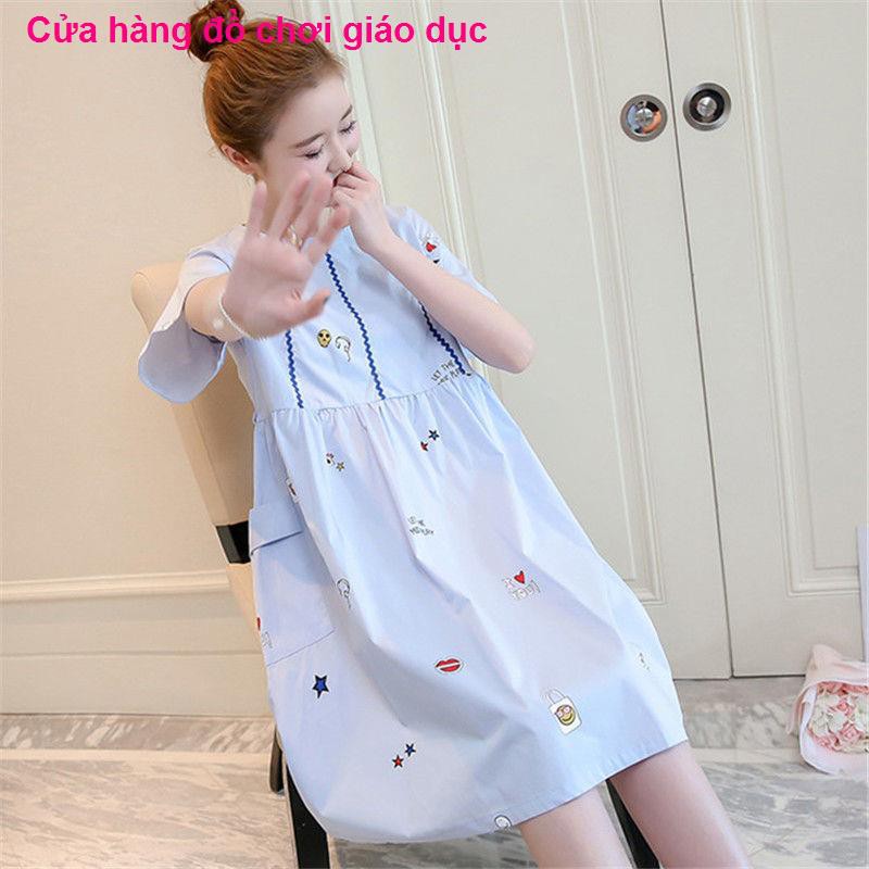 XINH XINH Đầm bầu cotton mùa hè, in hình thời trang Hàn Quốc, thoáng khí, hot mom, mom triều, rời hè RẺ QUÁ