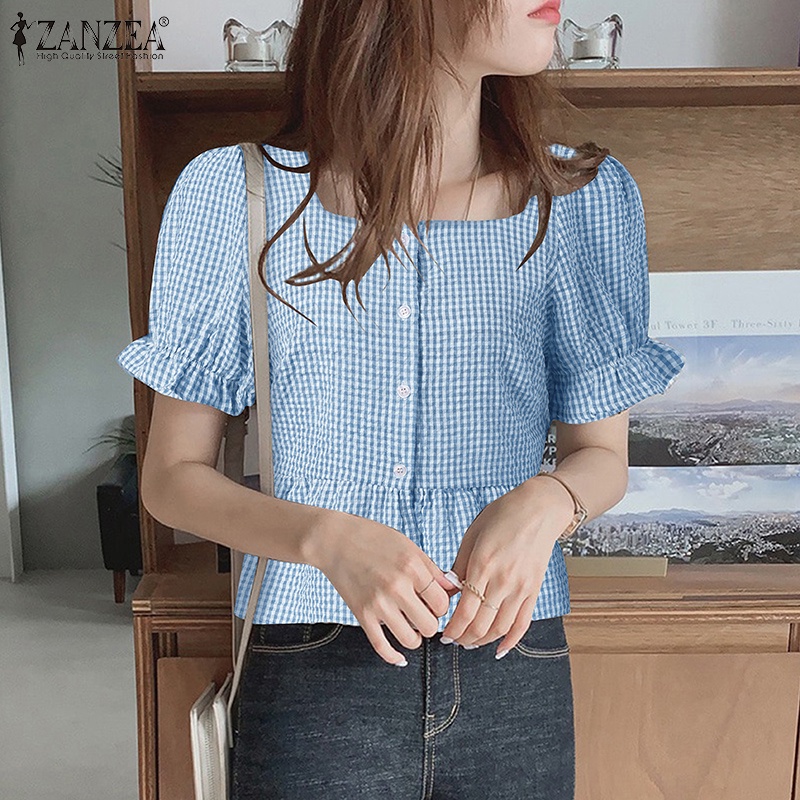 Áo Zanzea tay phồng cổ vuông in họa tiết sọc caro thời trang Hàn Quốc cho nữ