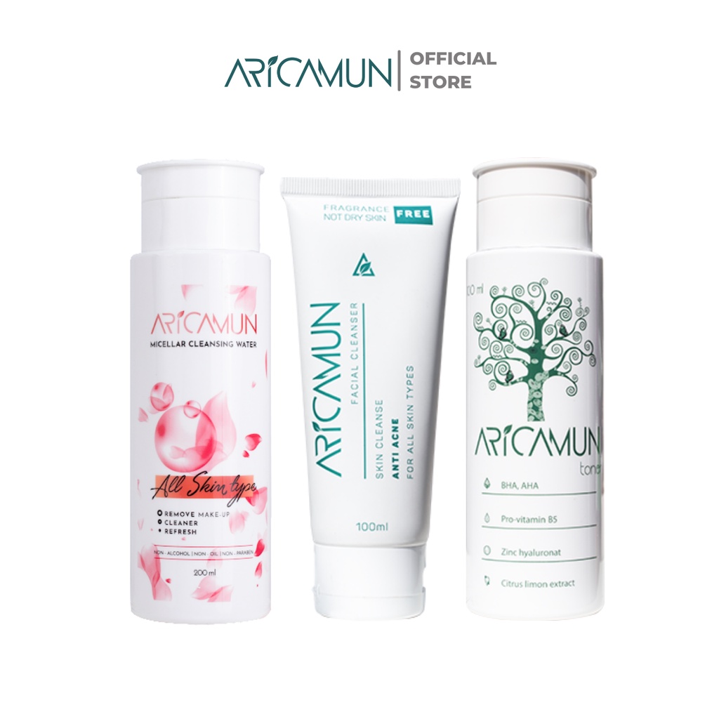 Combo Làm Sạch Sâu Aricamun: Nước Tẩy Trang Sạch Sâu + Sữa Rửa Mặt pH 5,5 + Toner Acid