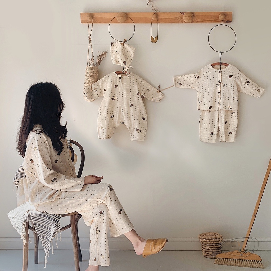 Bộ Áo Liền Quần + 1 Mũ Vải Cotton In Họa Tiết Trái Cây Hoạt Hình Dễ Thương Thời Trang Mù