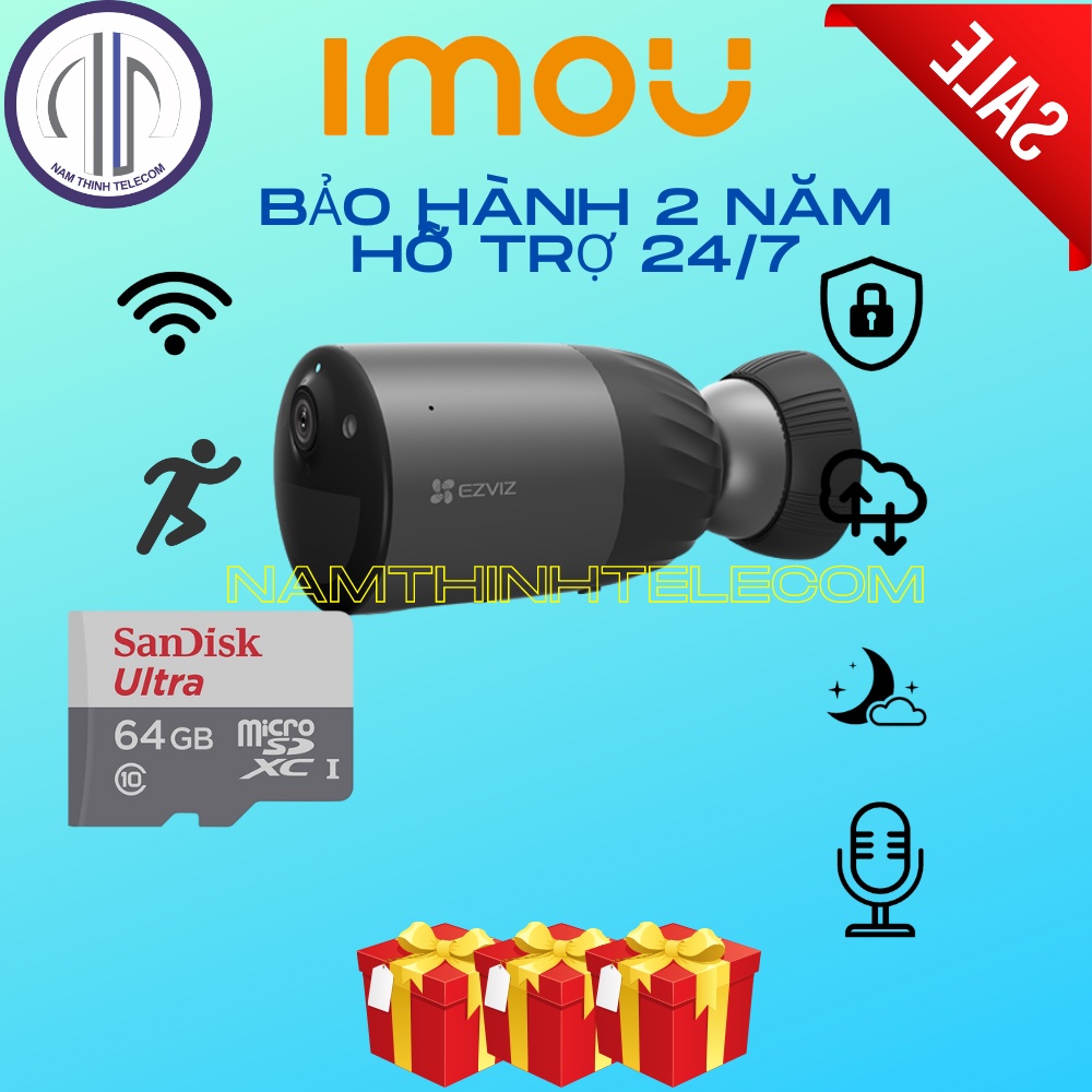 Camera không dây EZVIZ BC1C dùng pin ngoài trời, màu ban đêm, năng lượng mặt trời, đàm thoại 2 chiều, chính hãng