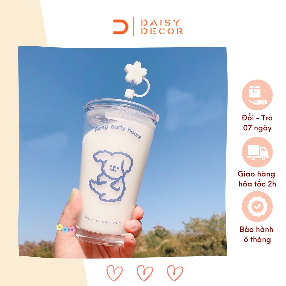 Ly thuỷ tinh cốc thủy tinh uống trà, cà phê, sinh tố cao cấp họa tiết thỏ -  Có ống hút và nắp đi kèm - Daisy.decor