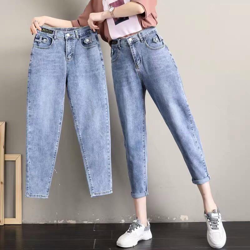 Quần Jean Nữ Dáng Baggy Dáng Trơn Cạp Cao Lưng Chun May Gấu