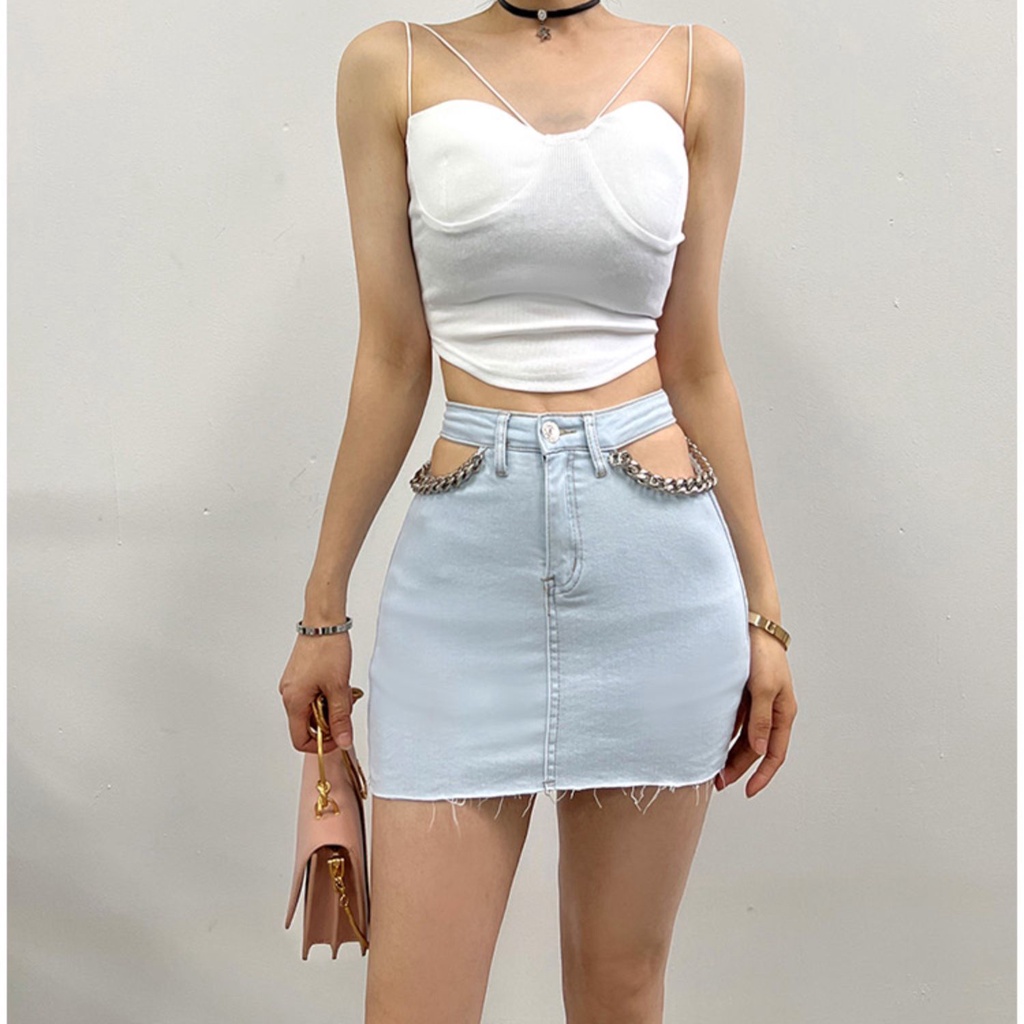 Jiashucheng Chân Váy Denim Chữ a Hở Vai Phối Dây Xích Thời Trang Mùa Hè Quyến Rũ Dành Cho Nữ