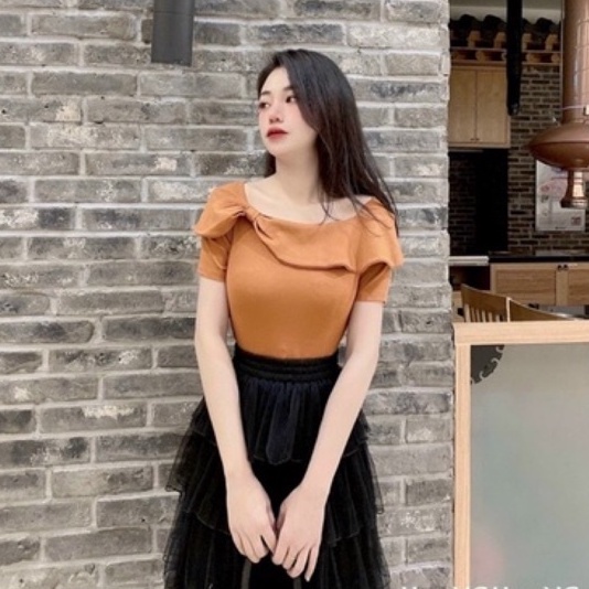 Áo Kiểu Cổ Nơ Lệch Ngắn Tay, Áo Thun Kiểu Dáng Ôm Co Giãn Cs6262 - Nhinhi Shop