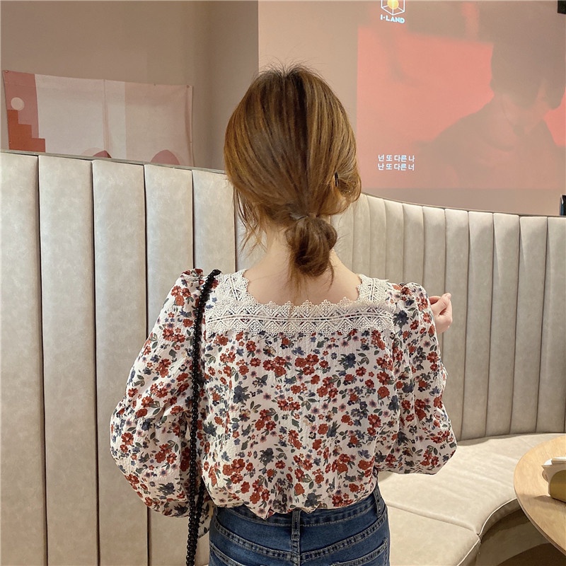 Áo kiểu BH cổ vuông tay dài phối ren phong cách Pháp cổ điển thời trang cho nữ