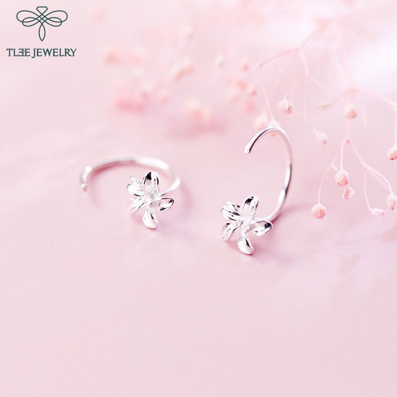Khuyên tai bạc nữ TLEE hoa sứ mini dáng cong xinh xắn TleeJewelry B0222