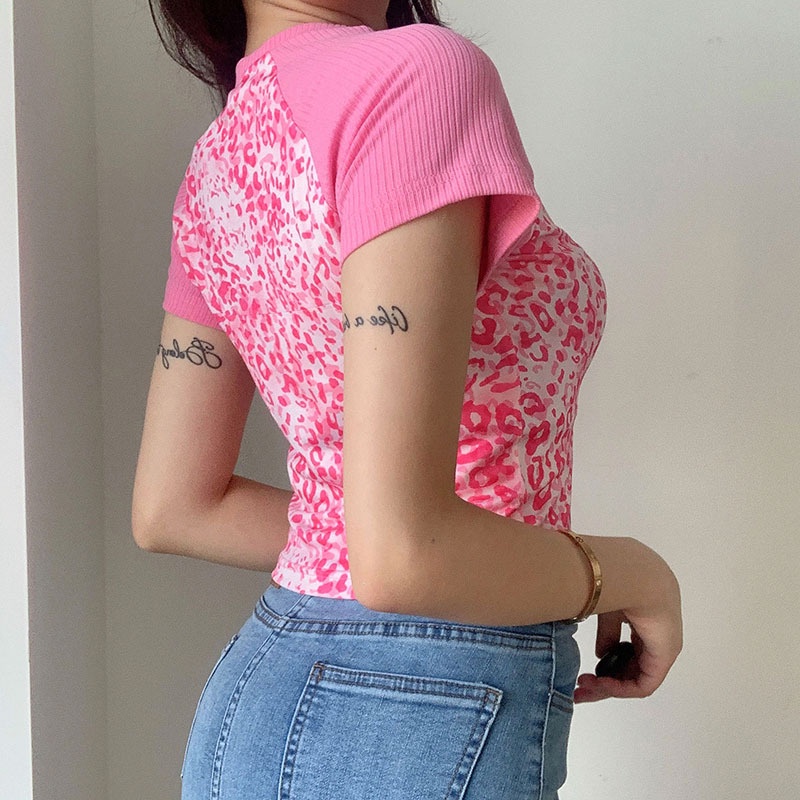 Áo Thun Croptop Tay Ngắn Thêu Họa Tiết Da Báo Thời Trang Mùa Hè Cho Nữ