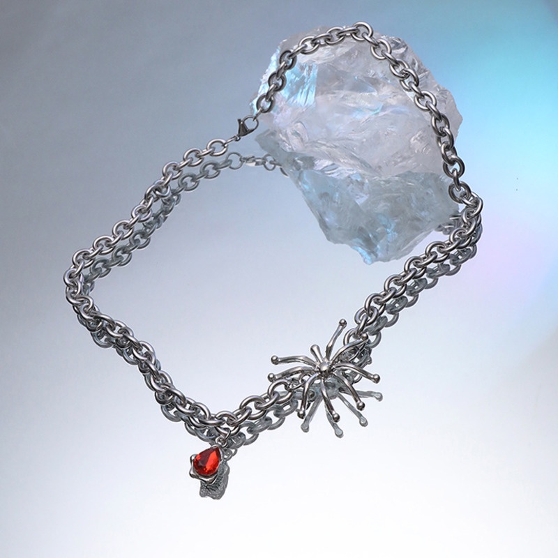 Vòng cổ Mặt Nhện Đính Đá Ruby Phong Cách Hip hop Thời Trang