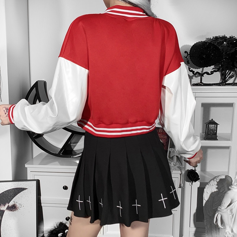 Áo khoác phong cách bóng chày bằng da pu thêu chữ thời trang nữ tính